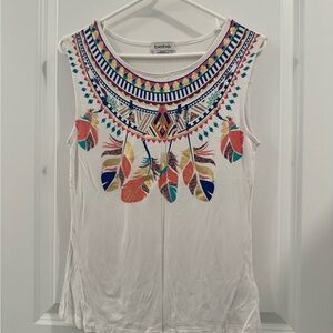 New Bebe White Tank Top with Multicolor Feather Pattern